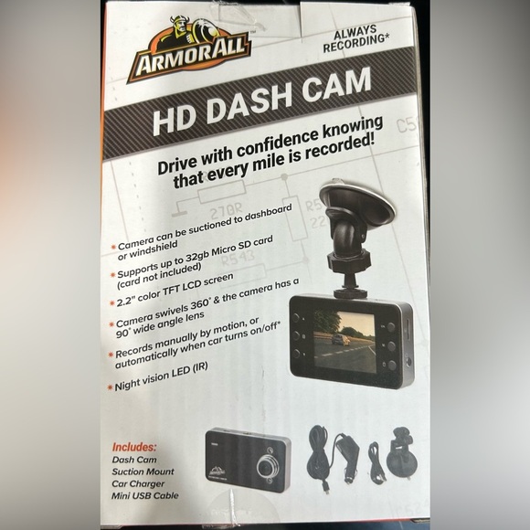 Armorall 2.2” car HD dashcam new in box night vision with charger - Picture 2 of 5